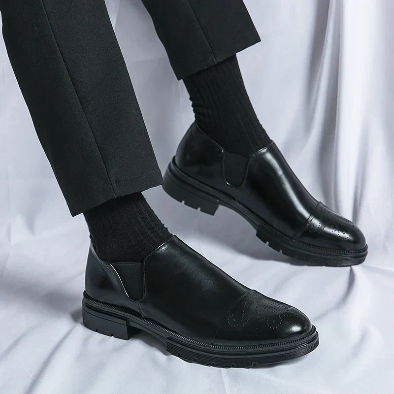 Men’s Slip-On Leather Shoes – Smart Casual Comfort with Elastic Panels