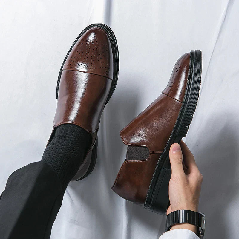 Men’s Slip-On Leather Shoes – Smart Casual Comfort with Elastic Panels