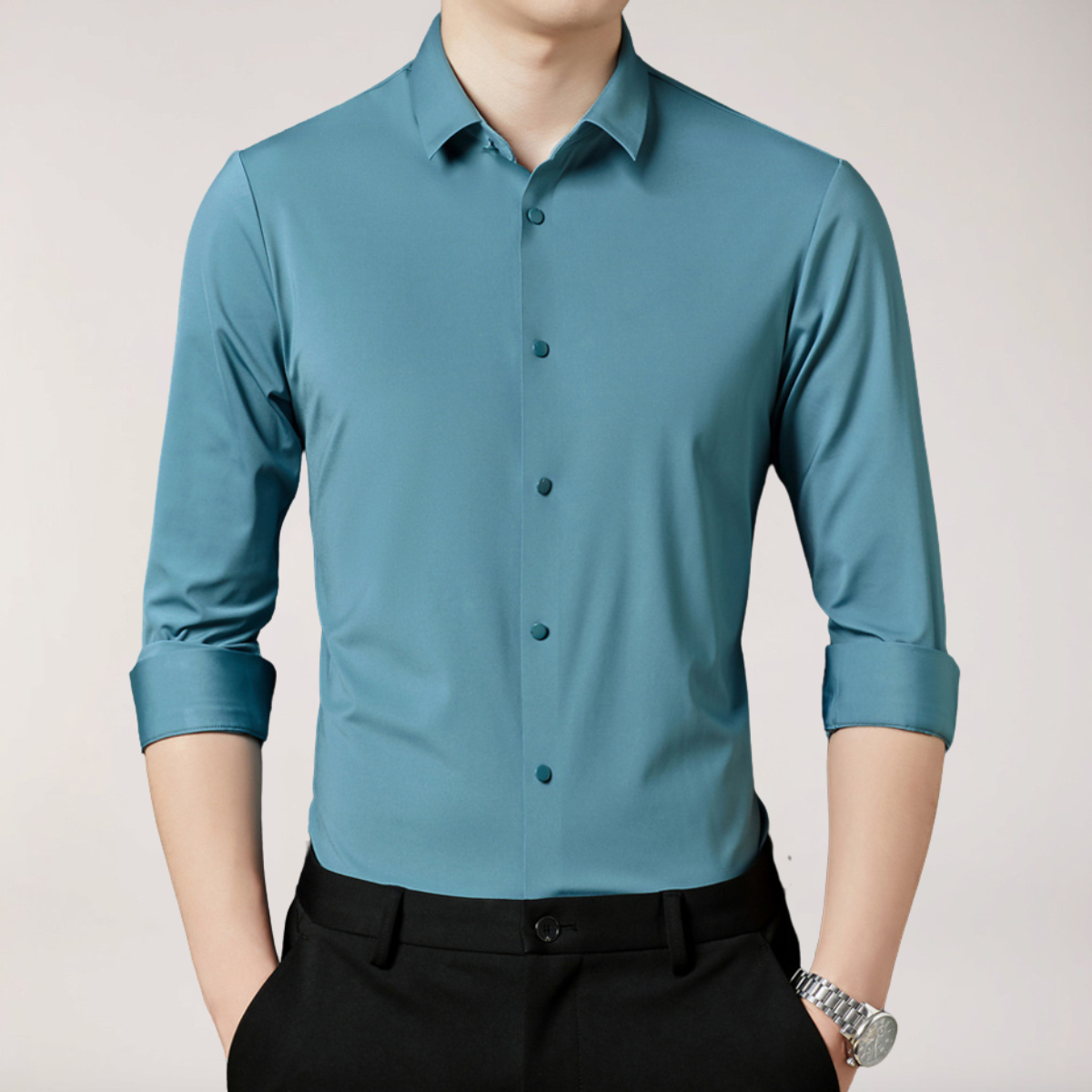 Men's Stretch Button-Up Shirt – Slim Fit Long Sleeve Dress Shirt for Business & Casual Wear