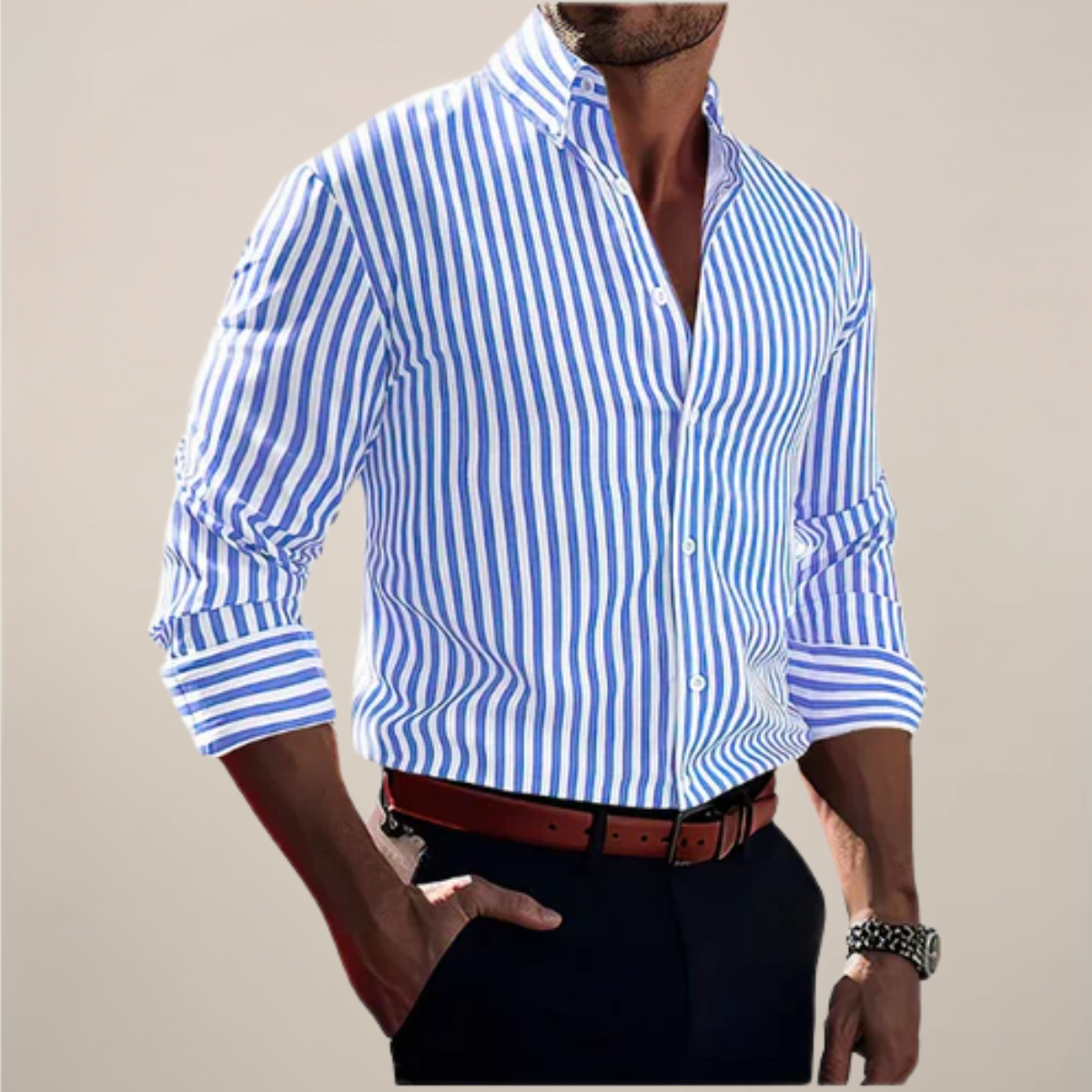 Men’s Striped Long Sleeve Shirt – Classic Smart Casual Button-Up