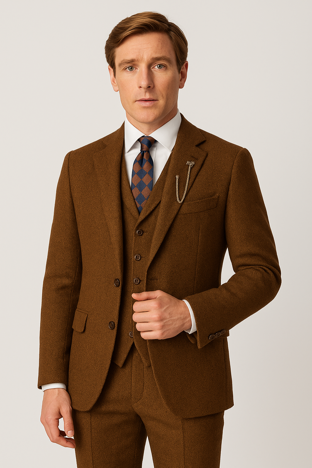 Men’s Three-Piece Brown Tweed Suit – Tailored Blazer, Waistcoat and Trousers