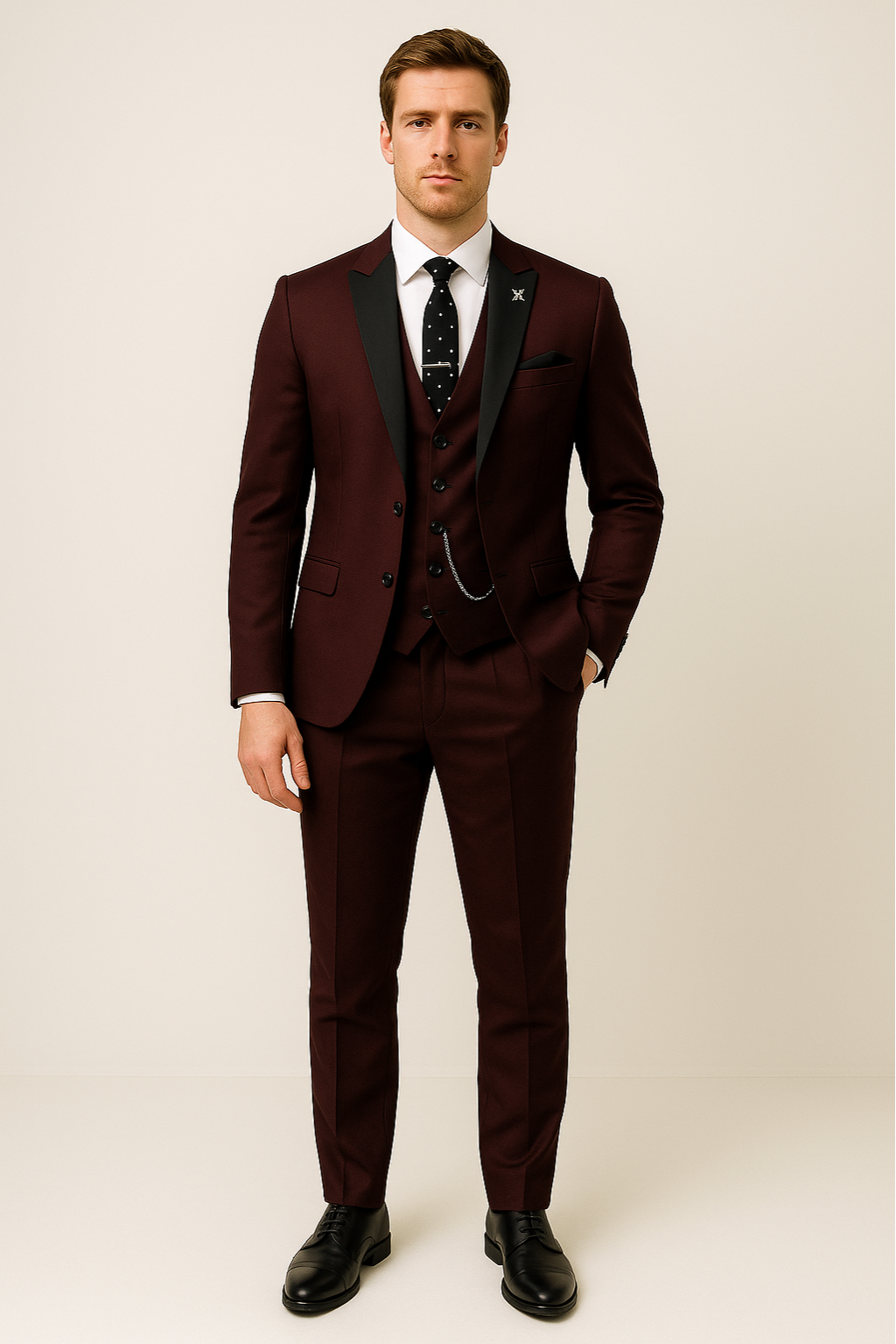 Men’s Three-Piece Suit – Burgundy, Tailored Formal Set
