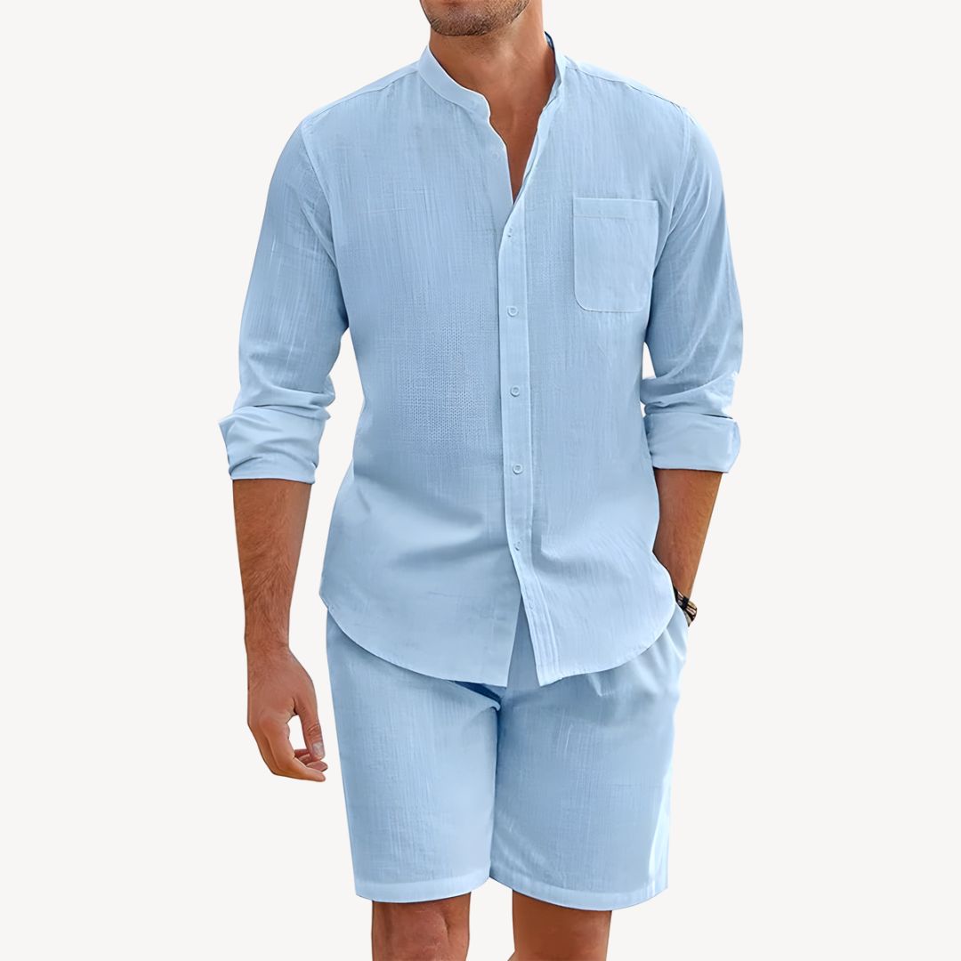 Men’s Two-Piece Summer Set – Button-Up Shirt and Drawstring Shorts – Lightweight – Relaxed Fit