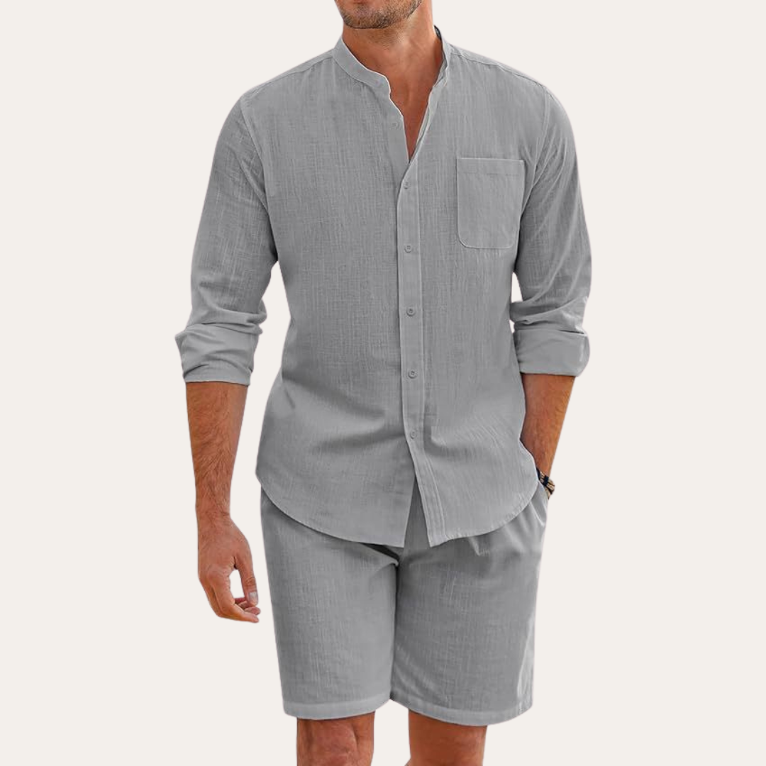 Men’s Two-Piece Summer Set – Long Sleeve Shirt and Shorts – Relaxed Fit – Lightweight and Breathable