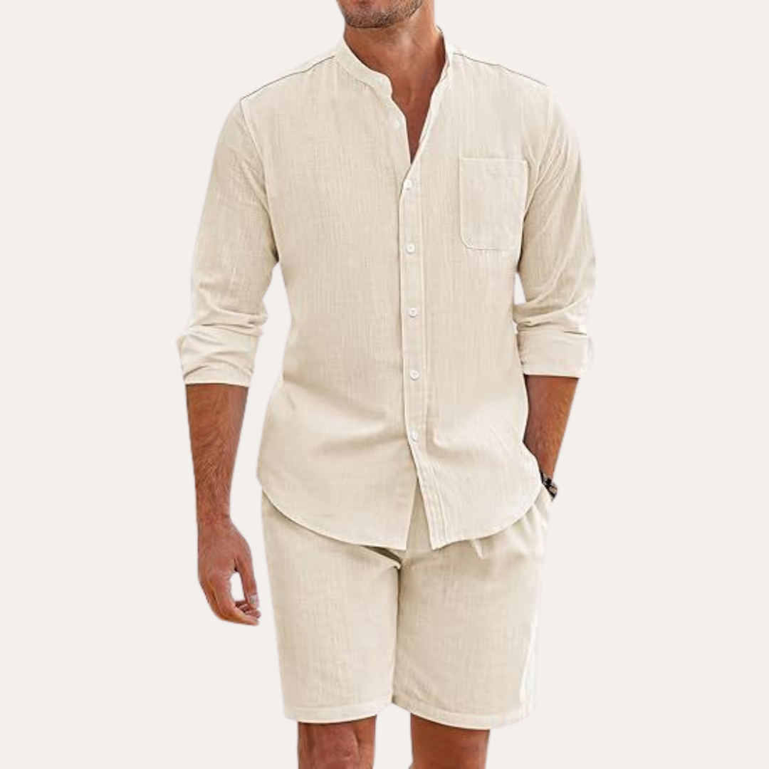 Men’s Two-Piece Summer Set – Long Sleeve Shirt and Shorts – Relaxed Fit – Lightweight and Breathable