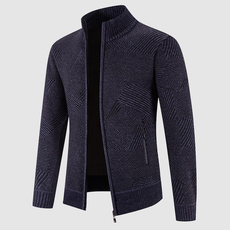 Men’s Zip Cardigan Sweater – Geometric Knit, Mock Neck, Ribbed Trims