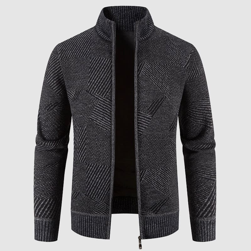 Men’s Zip Cardigan Sweater – Geometric Knit, Mock Neck, Ribbed Trims