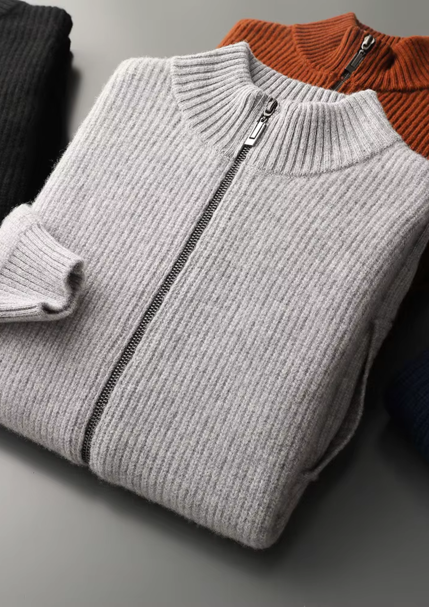 Men’s Zip-Up Ribbed Cardigan Sweater with High Collar – All-Season Casual Layer