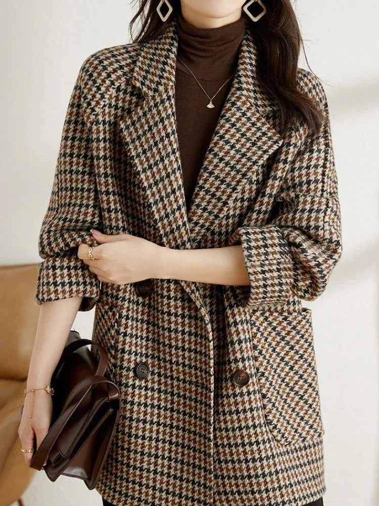Audrey Checked Jacket Woman – Vintage Oversize Double-Breasted Coat Chic & Comfort