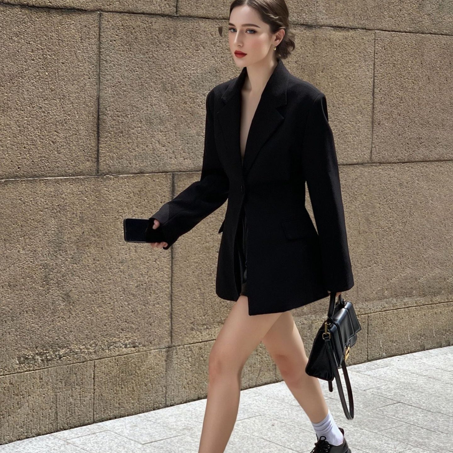 Women's Black Blazer Dress - Deep V-Neck with Tie Waist