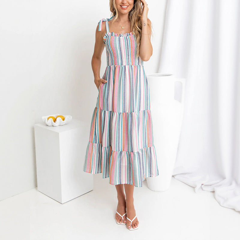 Women's Pink Striped Midi Summer Dress - Tiered, Flowy & Lightweight