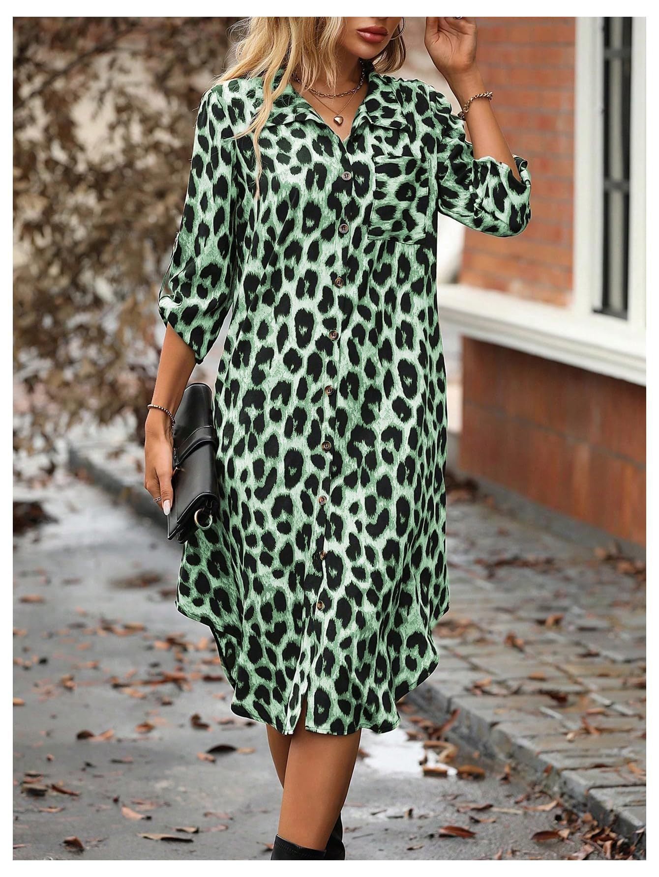 Women's Leopard Print Button-Up Midi Dress - Versatile Casual & Elegant