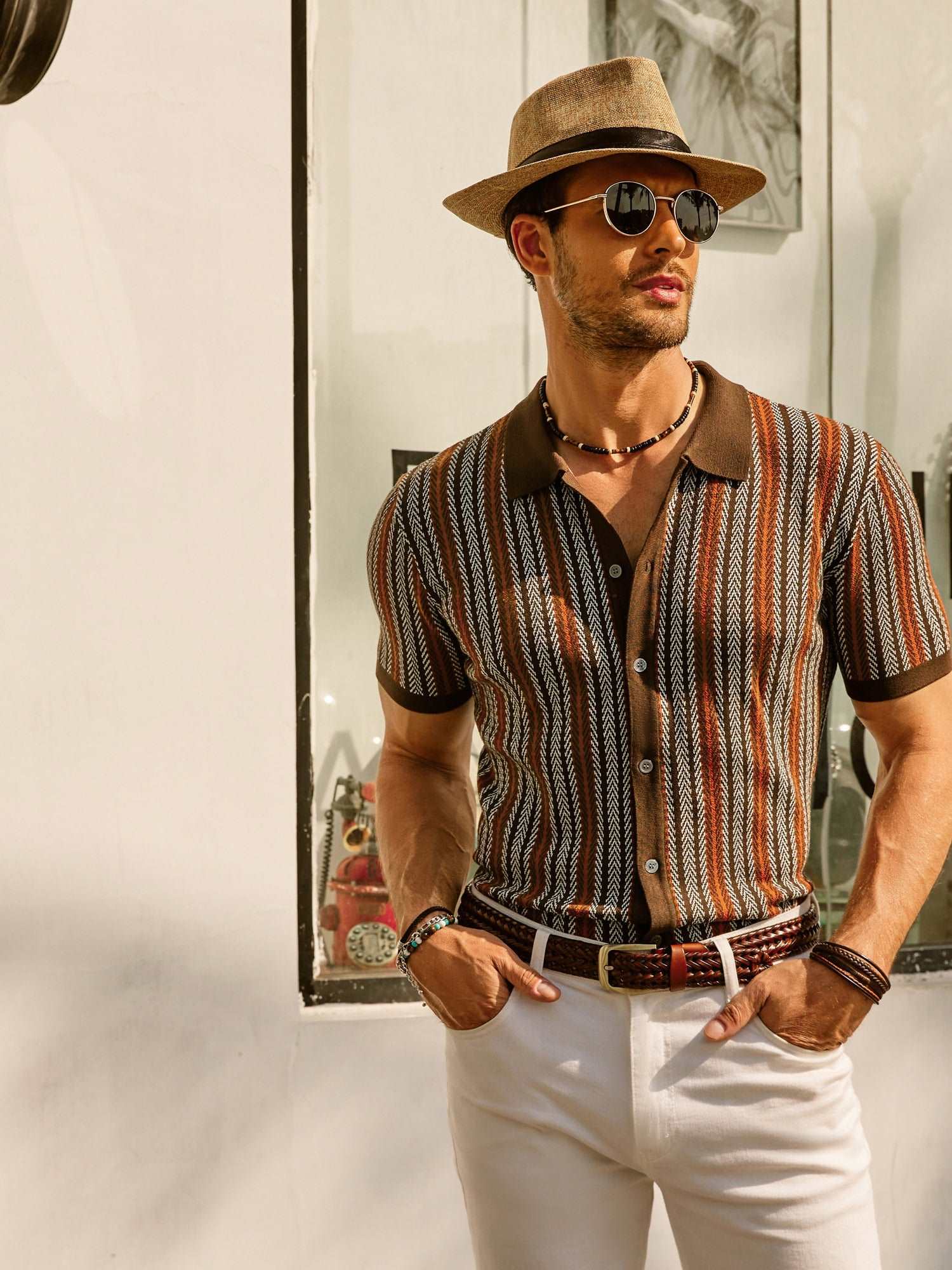Retro Striped Button-Down Polo Shirt – Short Sleeve Vintage Look for Men