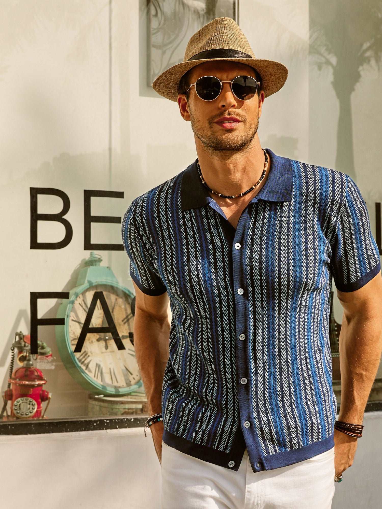 Retro Striped Button-Down Polo Shirt – Short Sleeve Vintage Look for Men