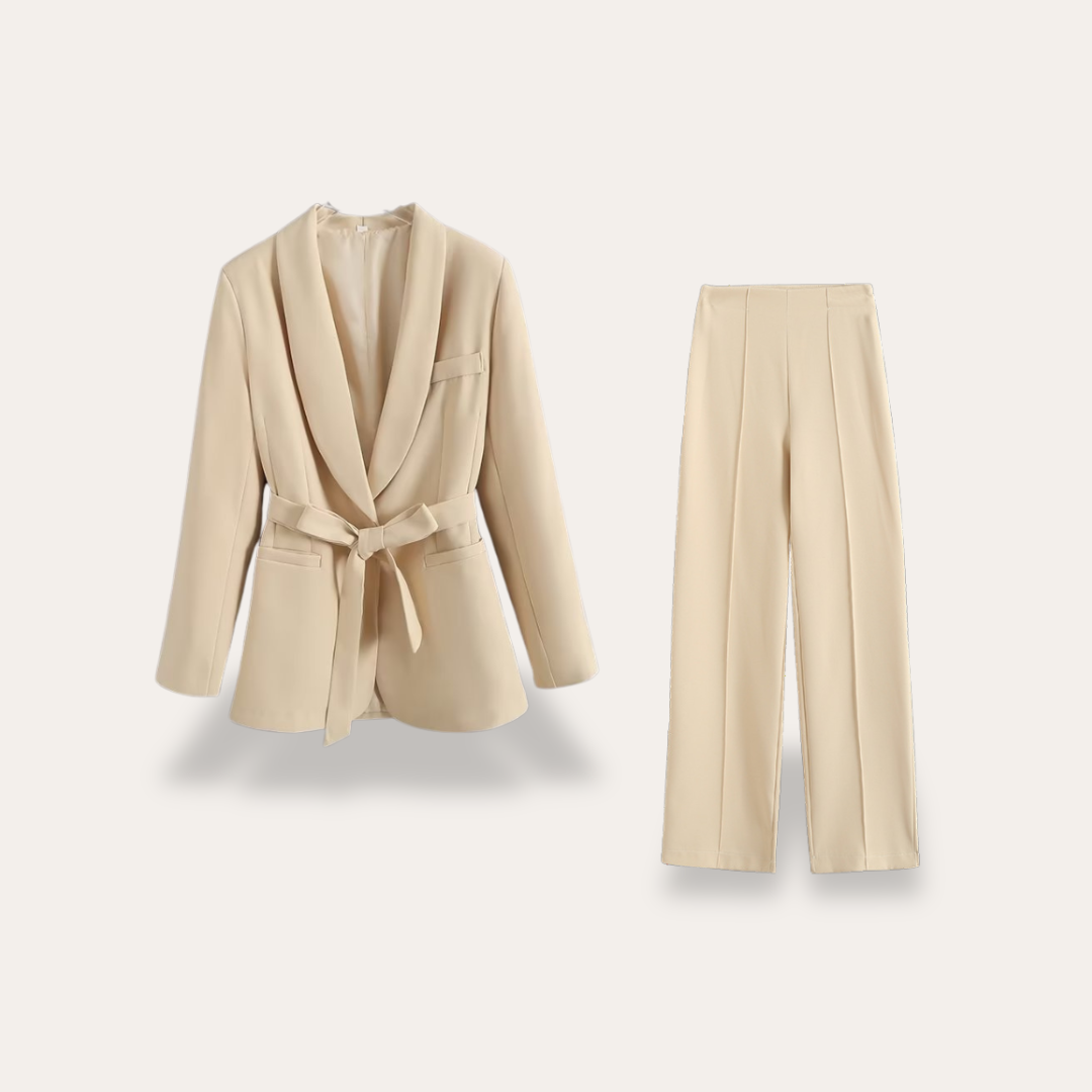 Women’s Belted Blazer and Wide-Leg Trousers Set – Elegant Tailored Two-Piece