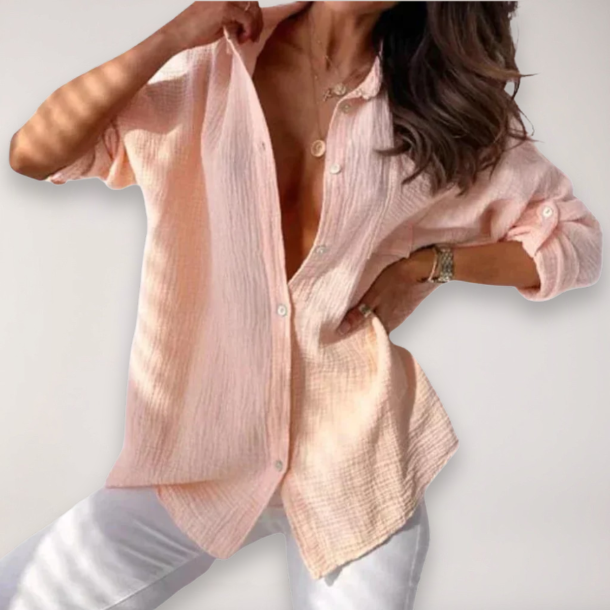 Women’s Button-Front Shirt – Roll-Up Sleeves with Pocket Detail