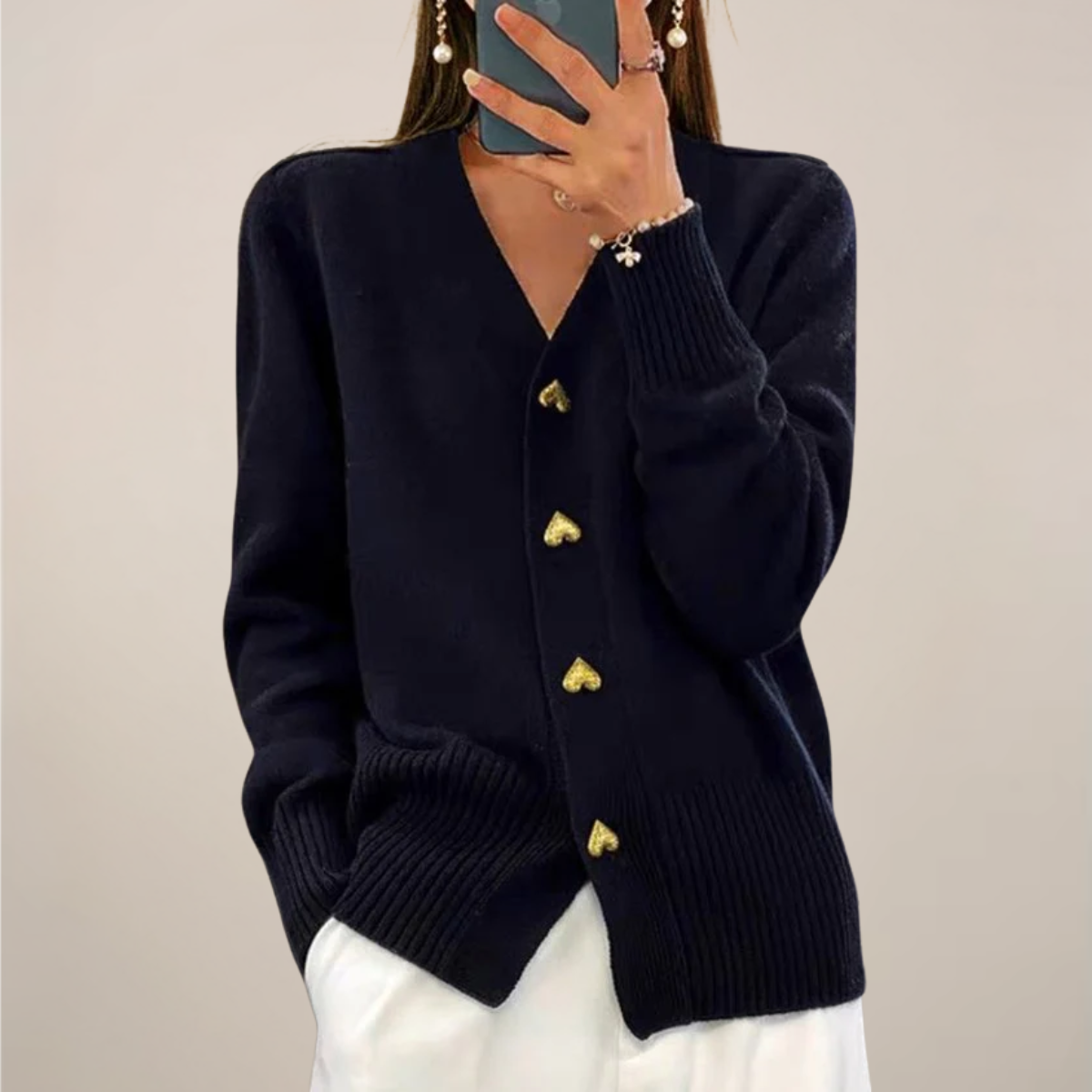 Women’s Cardigan – Gold Heart Button Detail, Elegant Layering Essential