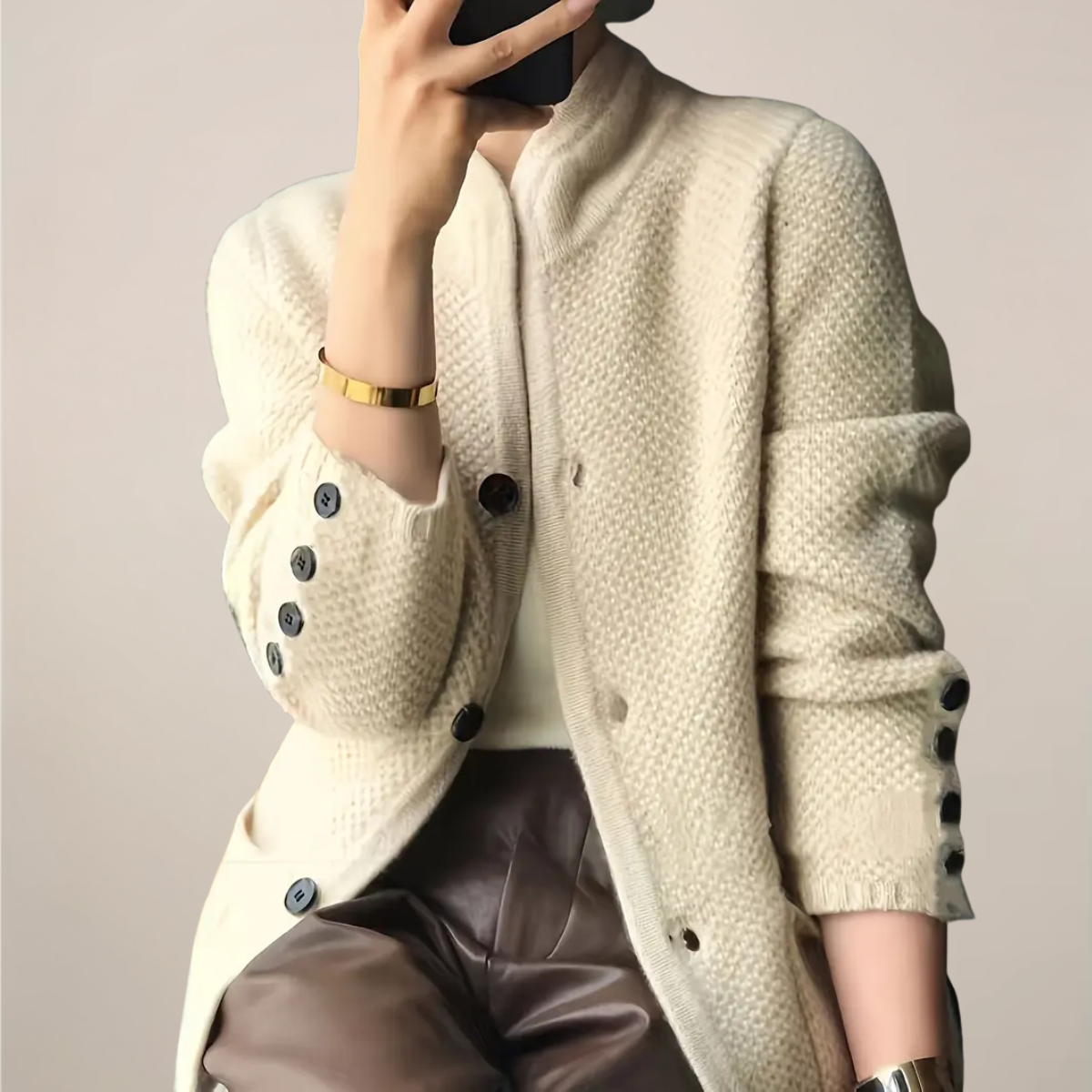Women’s Cream Cardigan Sweater – Textured Knit, Stand Collar