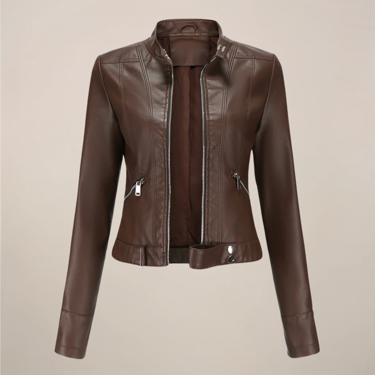 Women’s Faux Leather Biker Jacket – Tailored Short Zip-Up Design