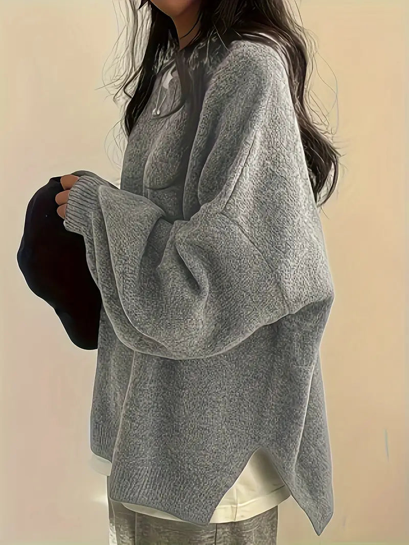 Women’s Lantern Sleeve Sweater – Oversized, Round Neck, Rib Trim