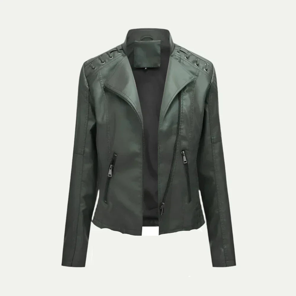 Women’s Leather Jacket – Asymmetric Zip & Quilted Shoulder Detail