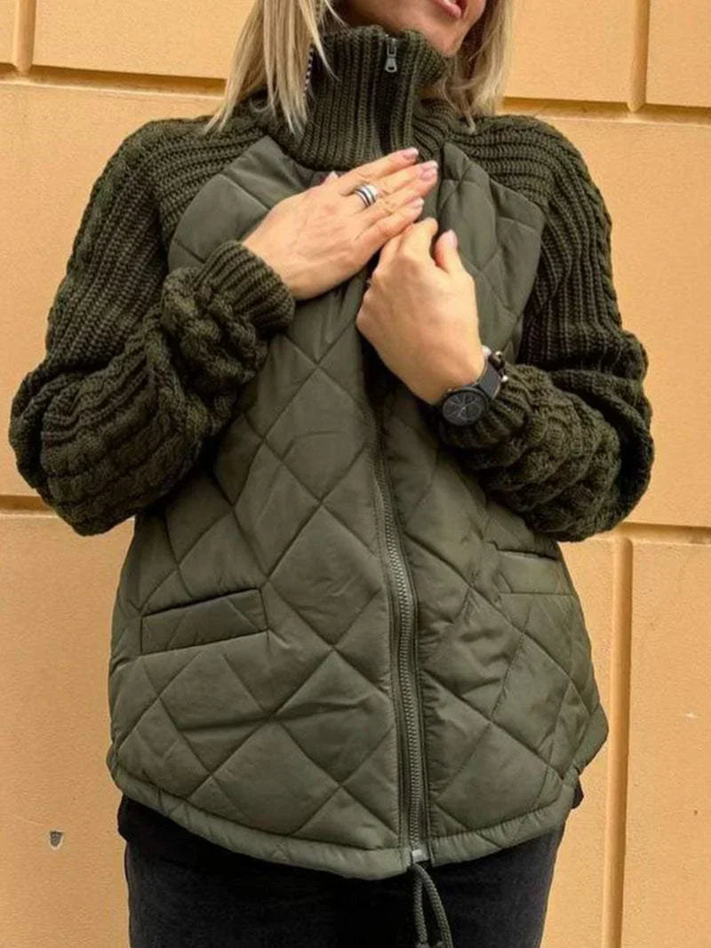 Women’s Quilted Jacket – Textured Sleeves, Funnel Neck, Zip Front