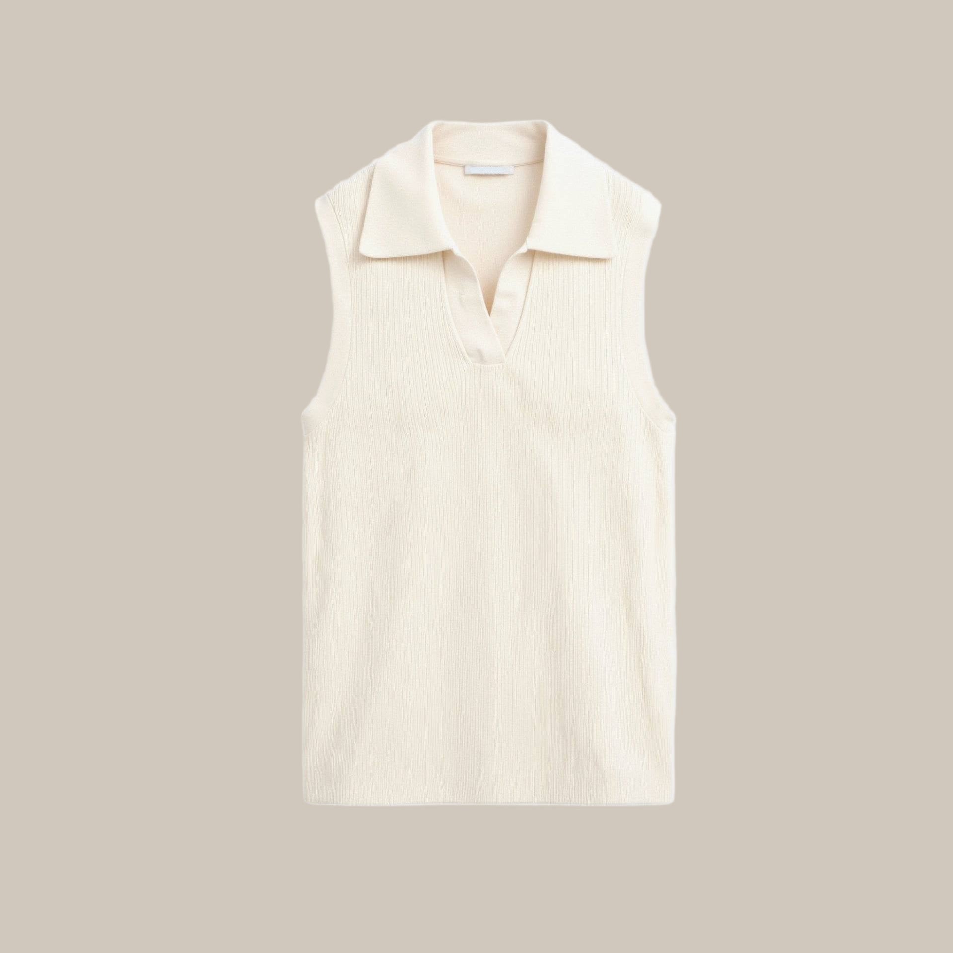 Women’s Sleeveless Knit Top – Open Collar V-Neck