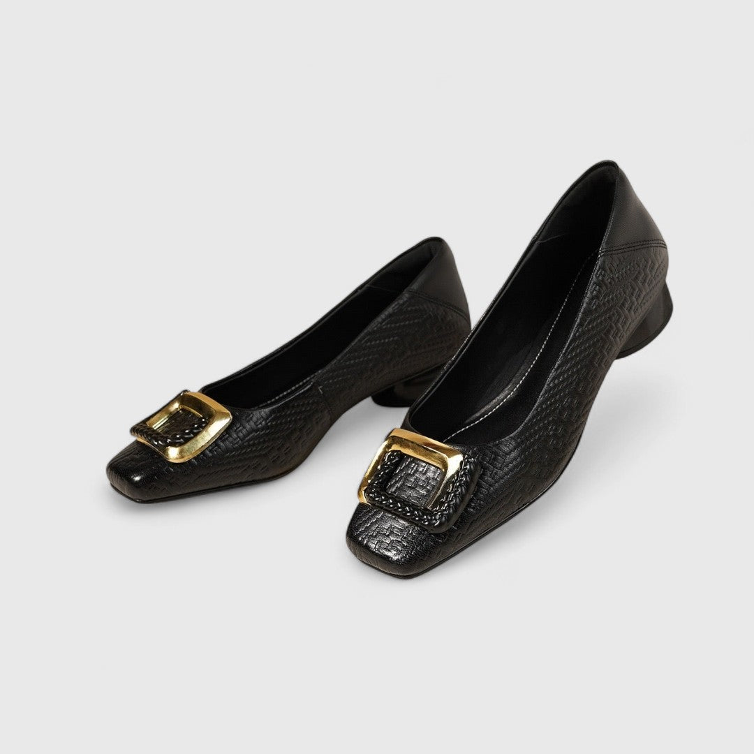 Women’s Square-Toe Low Heels – Textured Finish with Gold Buckle Detail