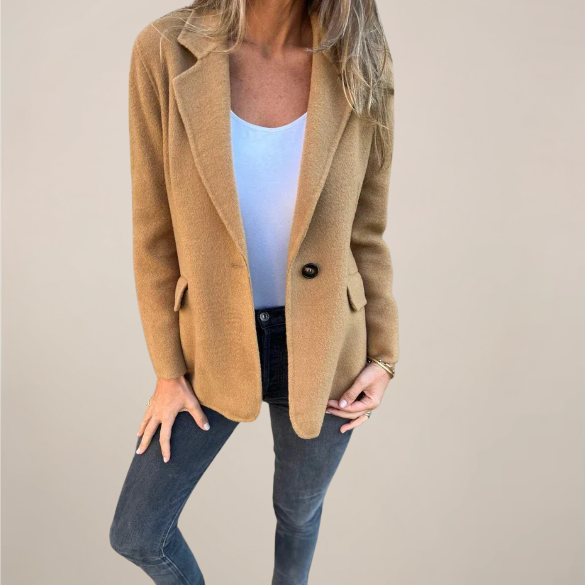 Women’s Tailored Blazer Jacket – Single Button, Notch Lapel, Flap Pockets