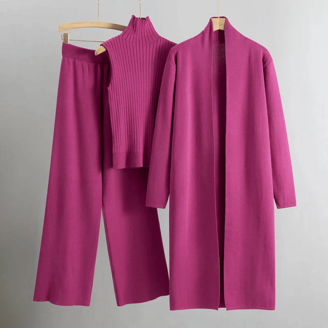 Women’s Three-Piece Lounge Set – Ribbed Knit Top, Wide-Leg Trousers & Longline Cardigan