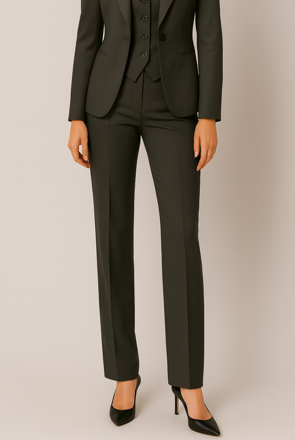 Women’s Black Three-Piece Slim Fit Suit – Tailored Blazer, Vest, and Trousers – Elegant All-Season Outfit