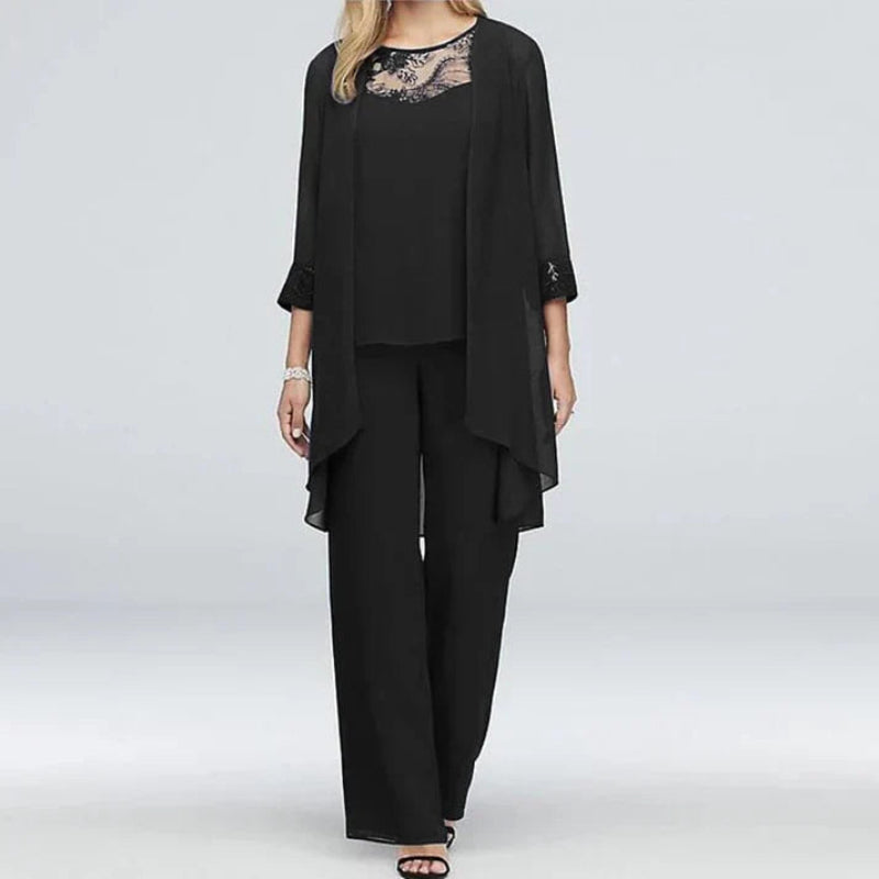 Women’s Three-Piece Wide-Leg Trousers & Longline Jacket Set – Formal Occasion Wear