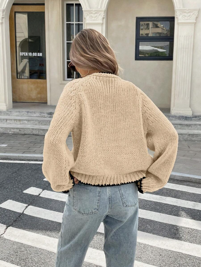 Women’s Tie-Front Cardigan – Cropped Knit Layer with Contrast Trim