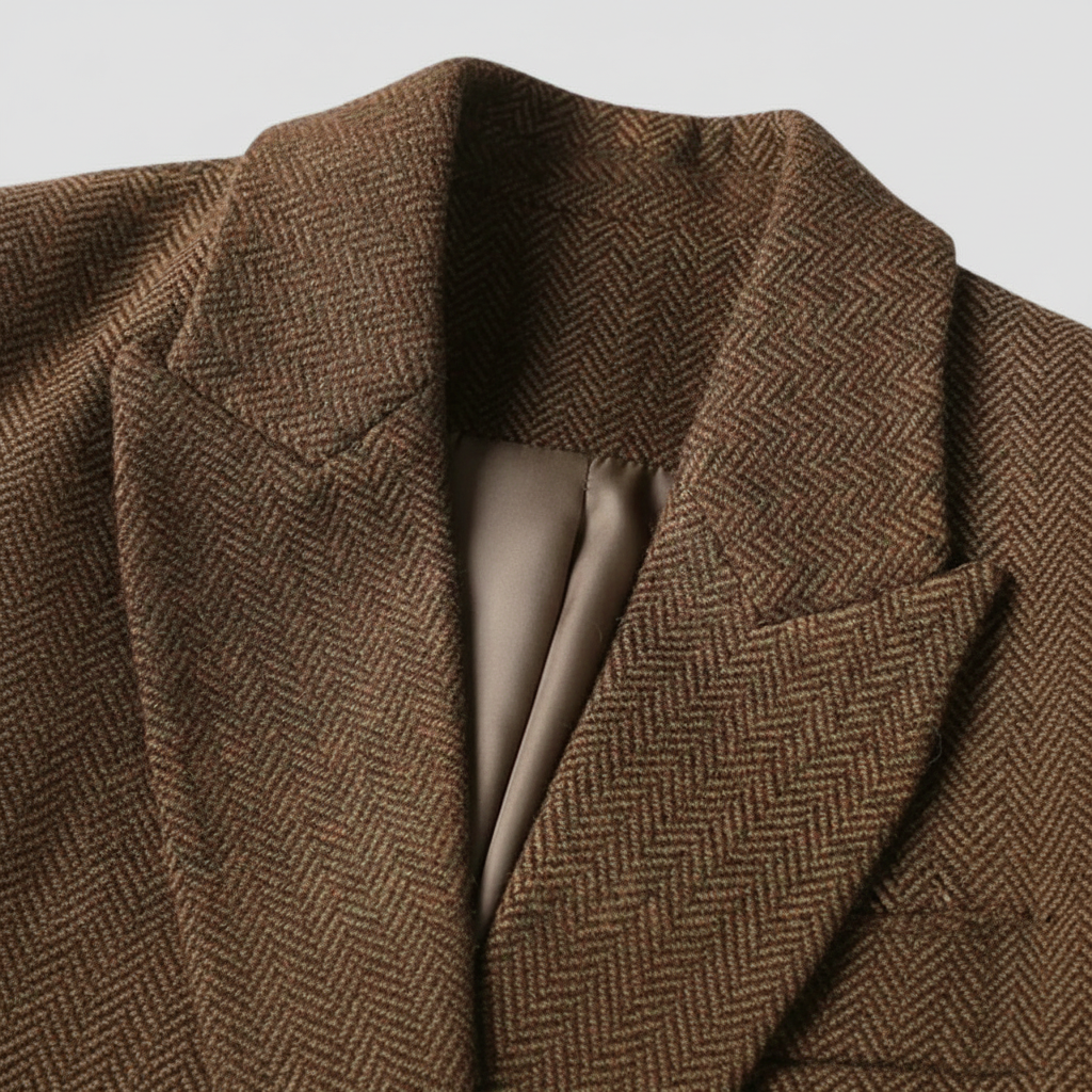 Women’s Double-Breasted Tweed Coat – Belted, Peak Lapel