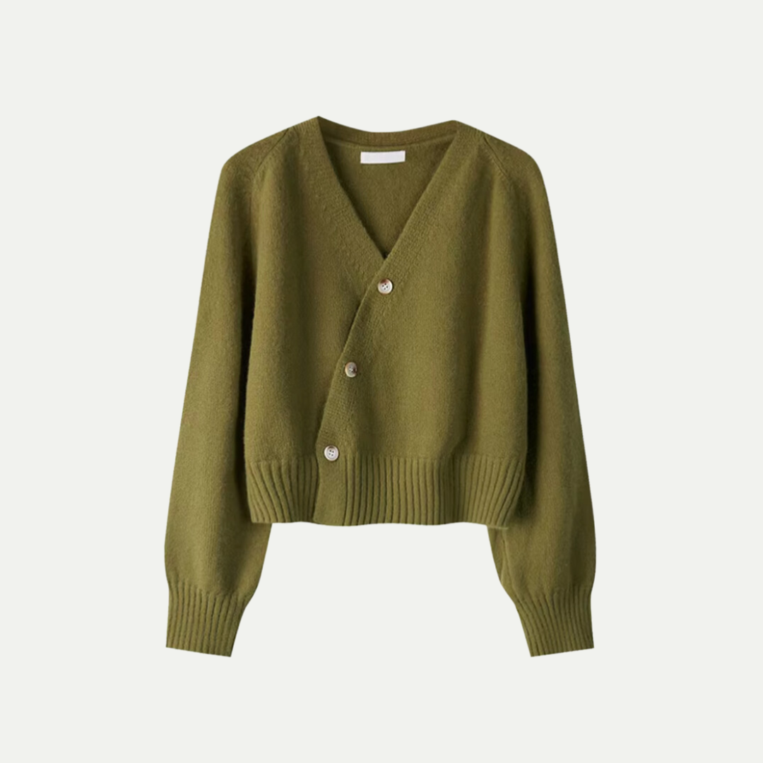 Women’s V-Neck Button Cardigan – Asymmetric Front Knit