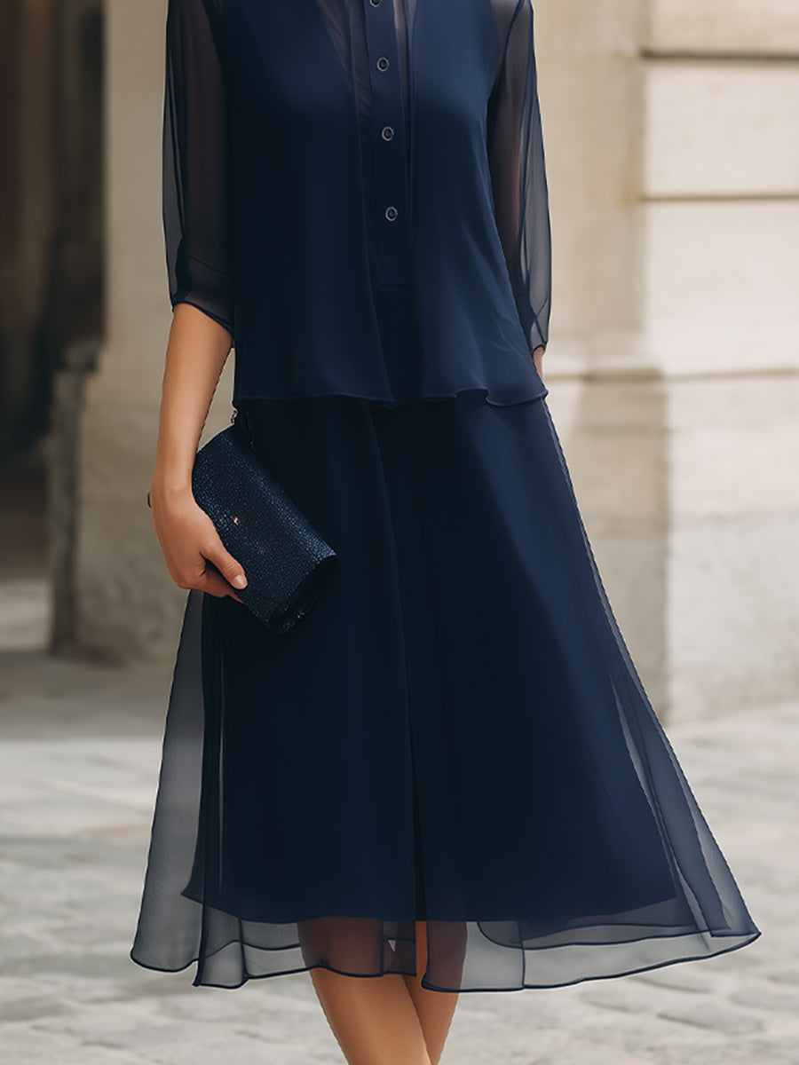 Button-Front Sheer Overlay Midi Dress