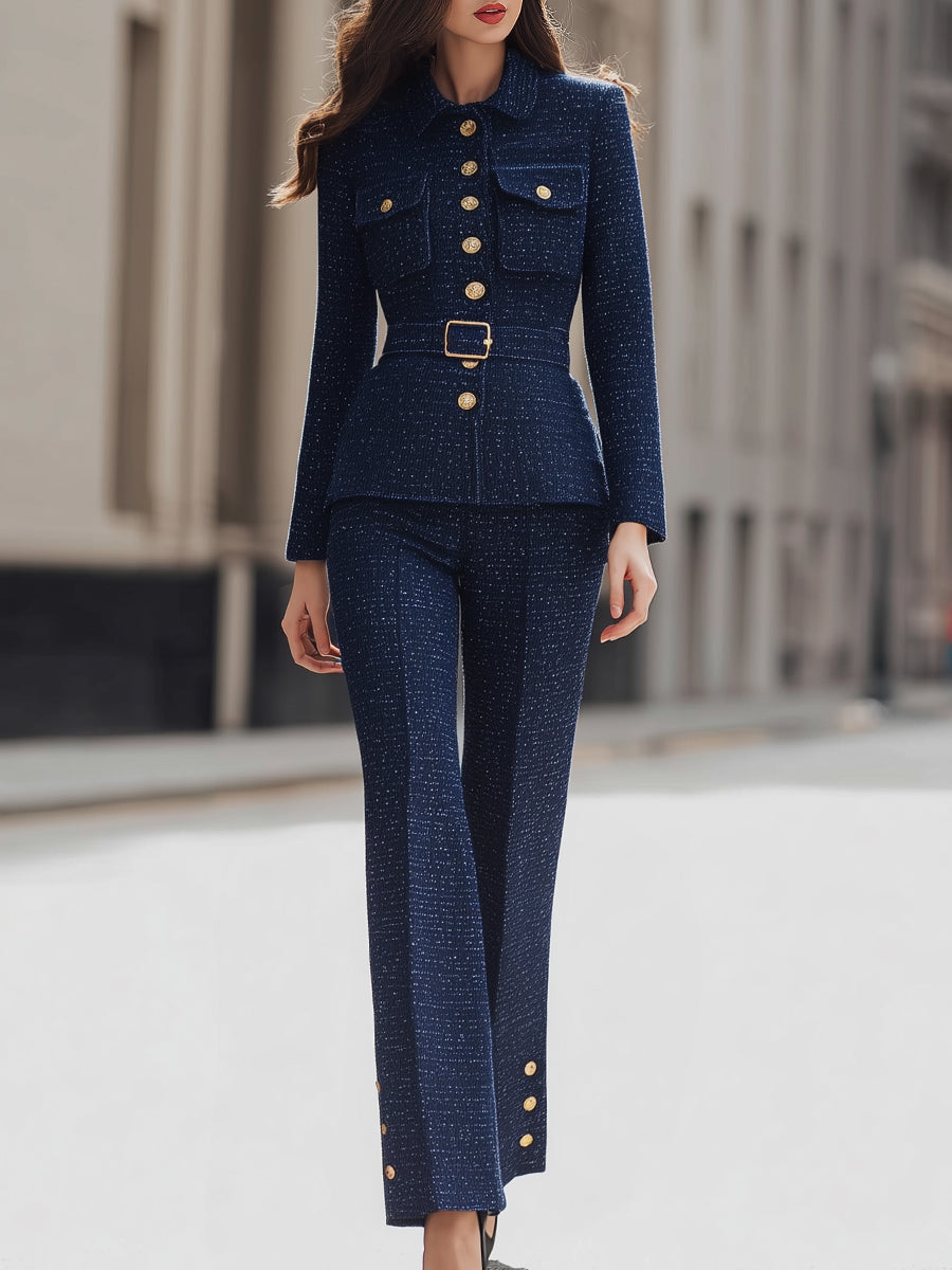 Tweed Belted Blazer And Pants Set With Gold Buttons