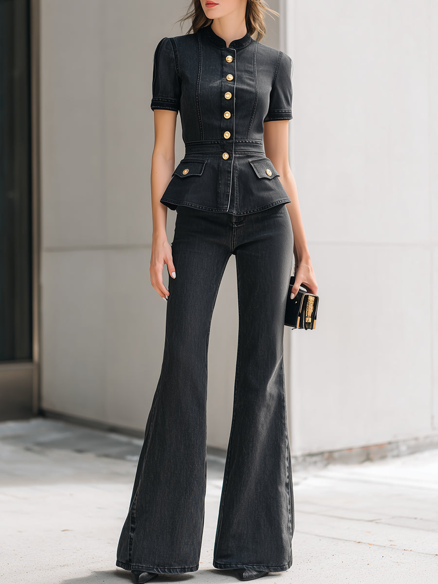 Washed Black Denim Peplum Top & Flared Trouser Two-Piece Set