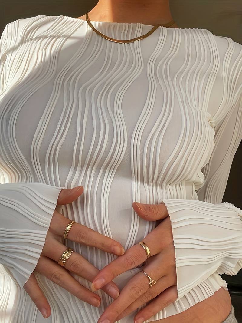 Women's Long Sleeve Top - Fitted with 3D Textured Pattern