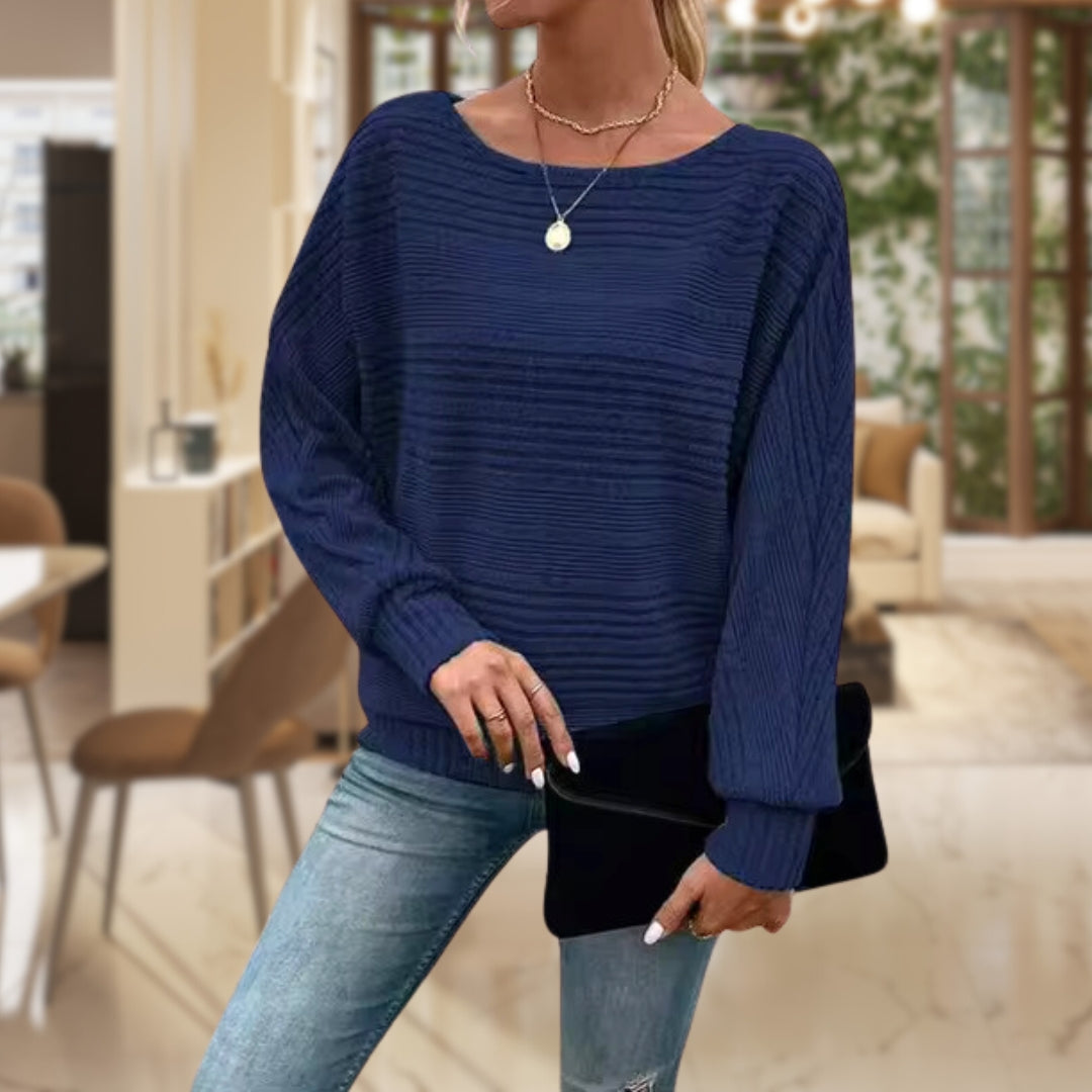 Women's Long Sleeve Top - Striped Knit & Balloon Sleeves