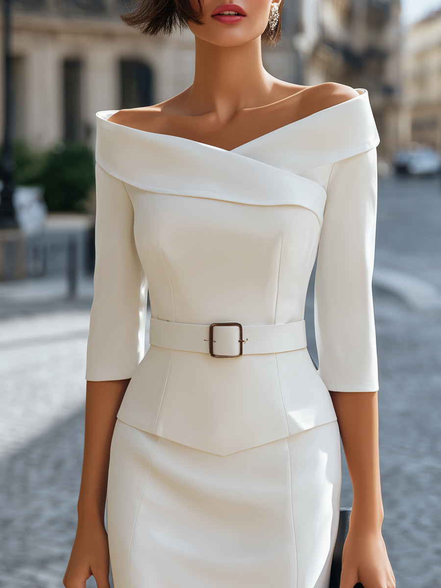 Off-Shoulder Belted Top and Pencil Skirt Set