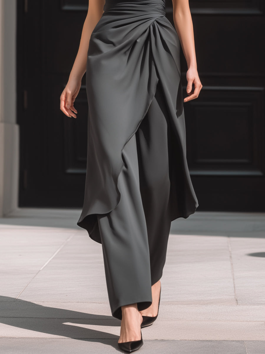 Ruched Asymmetric Top & Wide-Leg Trouser Tailored Two-Piece Set