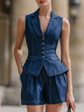 Retro Denim Peplum Waistcoat & Pleated Shorts Two-Piece Set