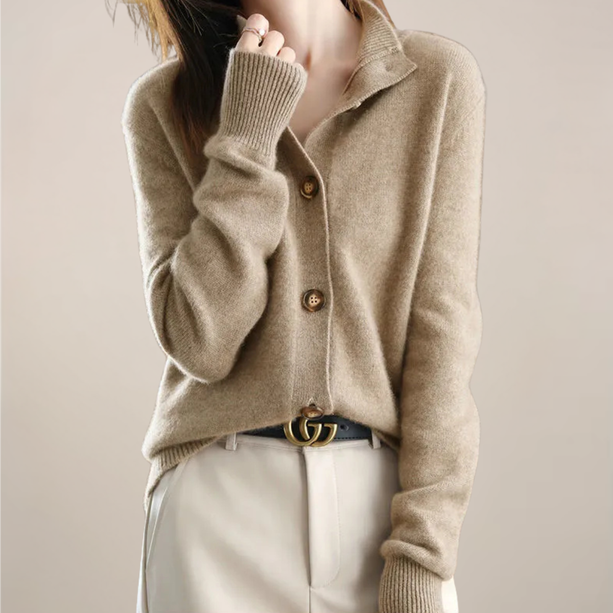 Women’s Cream Cardigan Sweater – Button Front, Soft Collar
