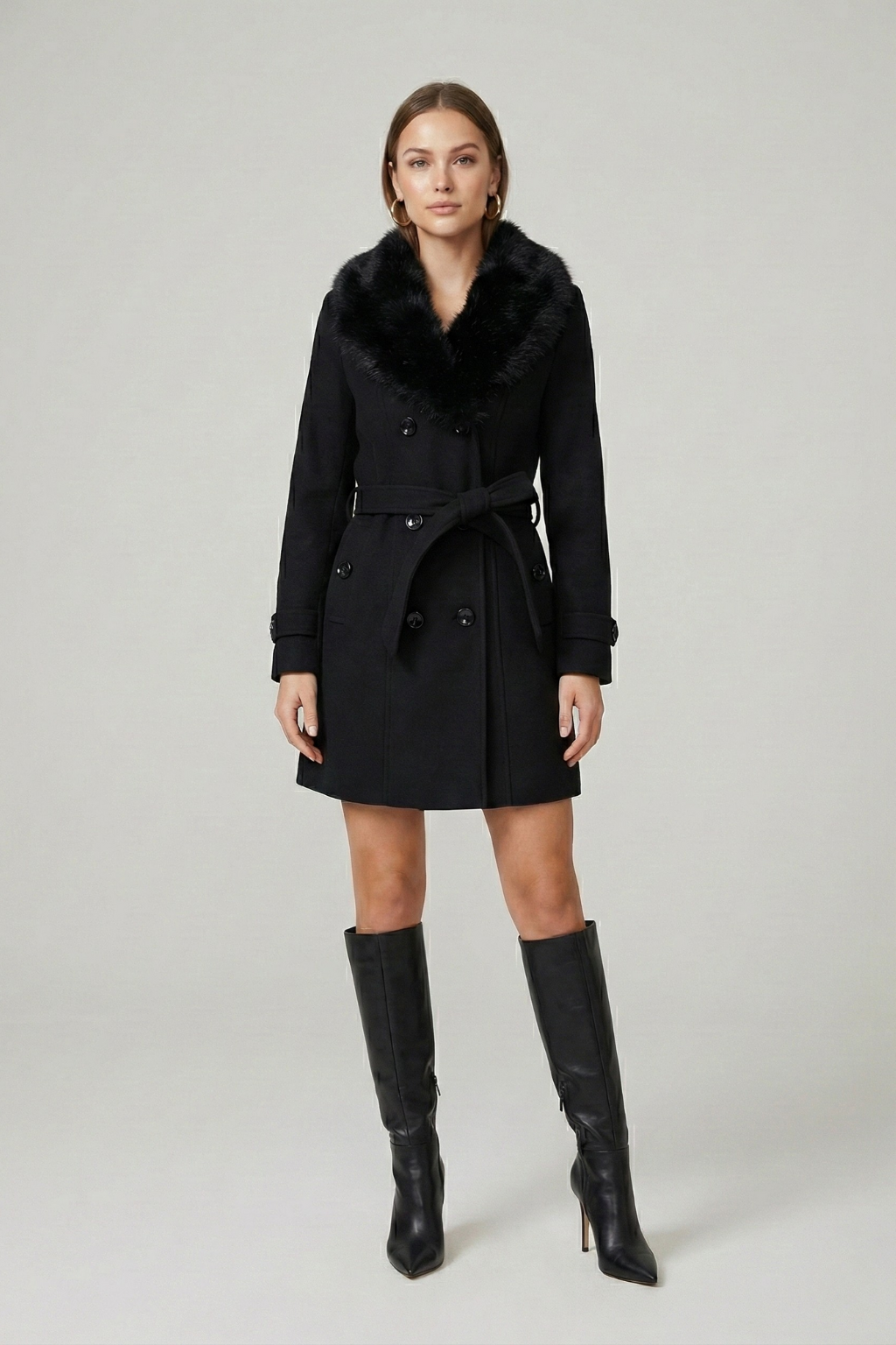 Women’s Double-Breasted Belted Trench Coat with Faux Fur Collar
