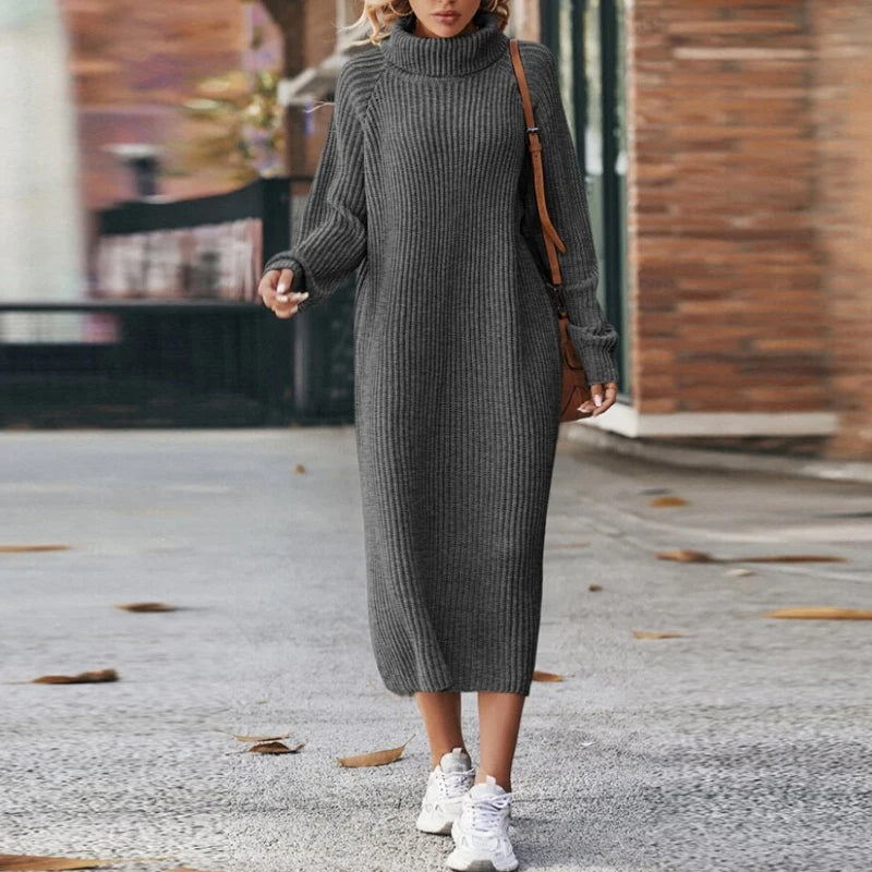 Women's Knitted Jumper Dress - Roll neck with Midi Length