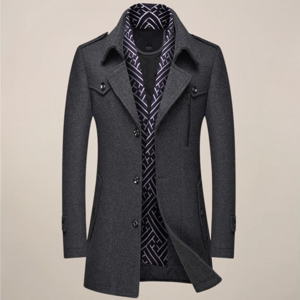 Men’s Long Button-Up Winter Coat – Tailored Wool-Style Overcoat
