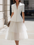 Tailored Zip-Front Top & Tiered Midi Skirt Set