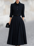 Timeless Black Cropped Blazer & Pleated Midi Skirt Two-Piece Set