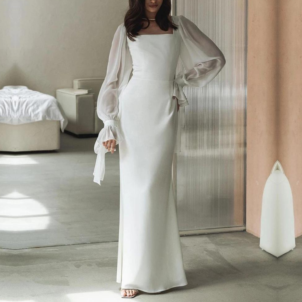 Women's Maxi Wedding Dress - Square Neck with Bishop Sleeves